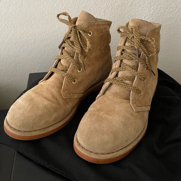 CHANEL suede calfskin lace up ankle boot dark beige 38 - Picture 12 of 15